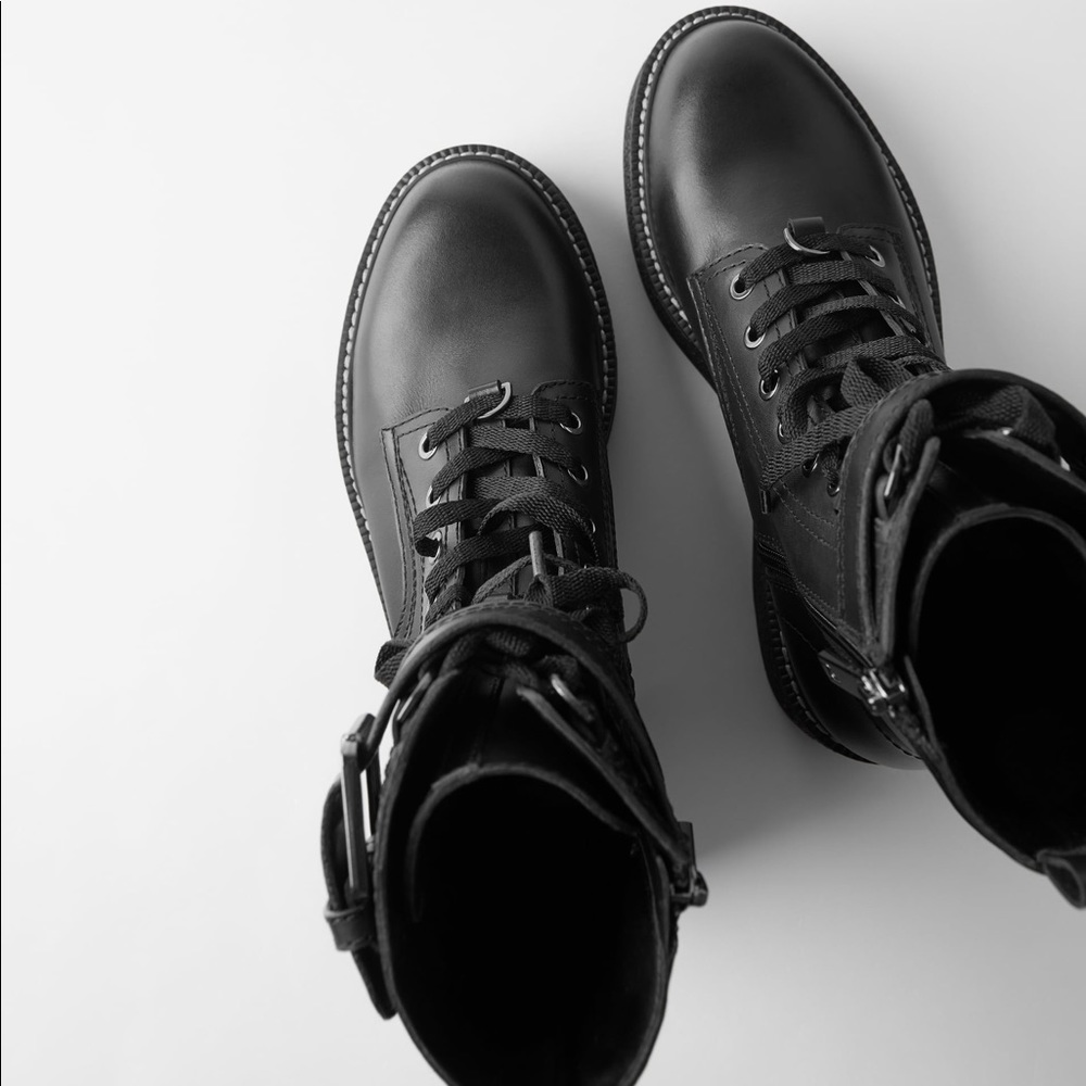 Zara Low Heeled Leather Combat Biker Military Ank… - image 3